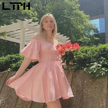 LTPH streetwear rozā kleita sievietēm zaudēt augsto vidukli, elegants visu maču puff piedurknēm sexy strapless mini kleitas 2022. gada pavasarī jaunu